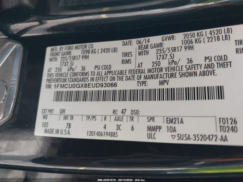2014 FORD ESCAPE VIN: 1FMCU0GX8EUD93066