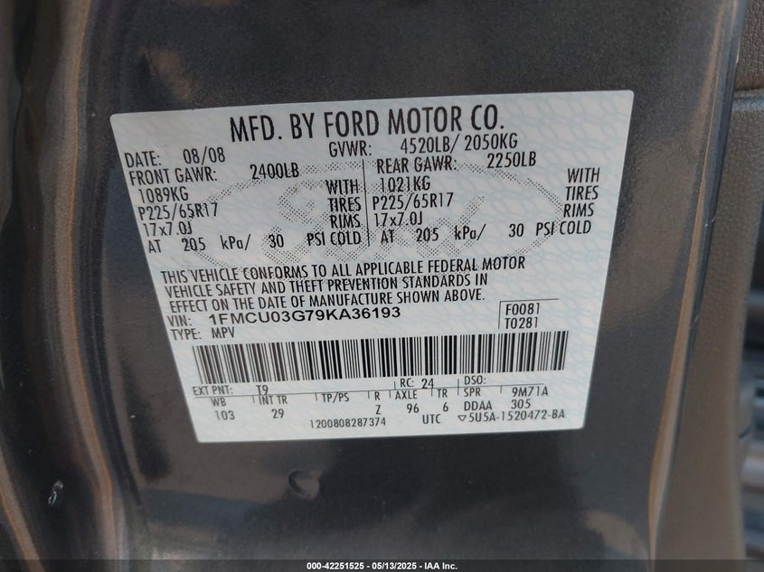 2009 FORD ESCAPE VIN: 1FMCU03G79KA36193