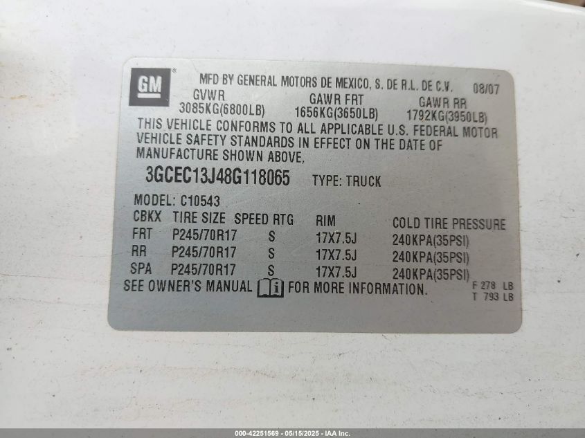 2008 Chevrolet Silverado 1500 Lt2 VIN: 3GCEC13J48G118065 Lot: 43444760