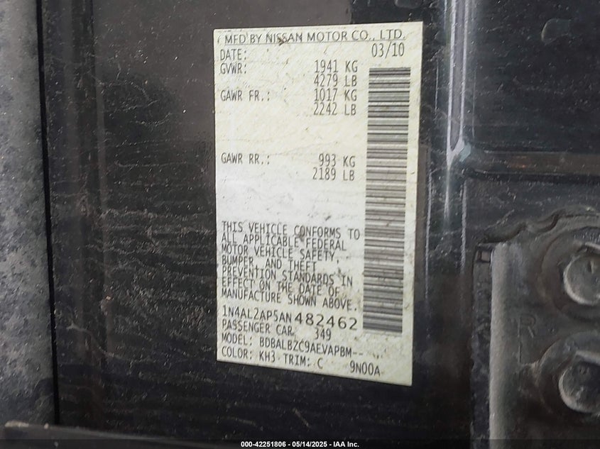 2010 NISSAN ALTIMA VIN: 1N4AL2AP5AN482462
