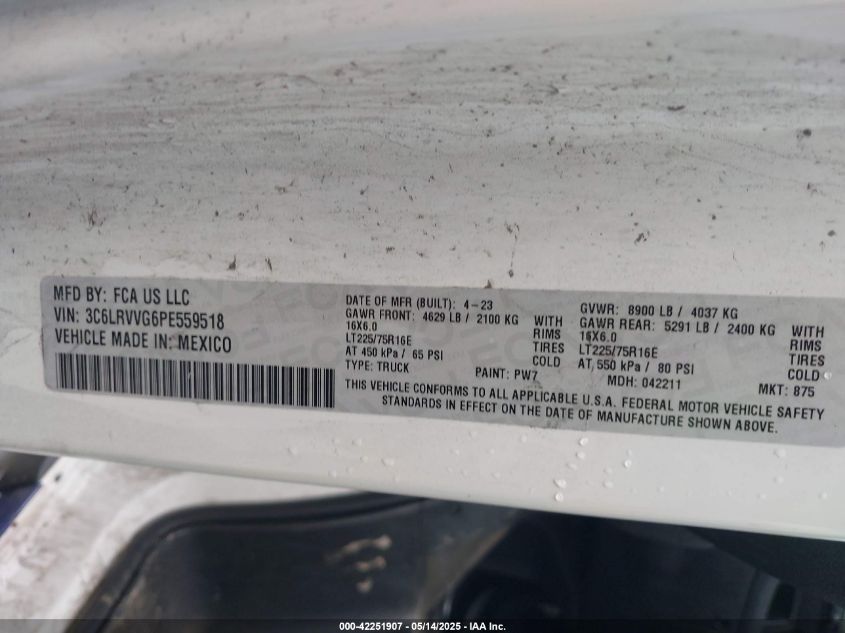 2023 Ram Promaster 2500 Low Roof 136 Wb VIN: 3C6LRVVG6PE559518 Lot: 42251907