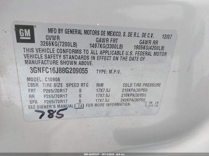 2008 CHEVROLET SUBURBAN VIN: 3GNFC16J88G209055