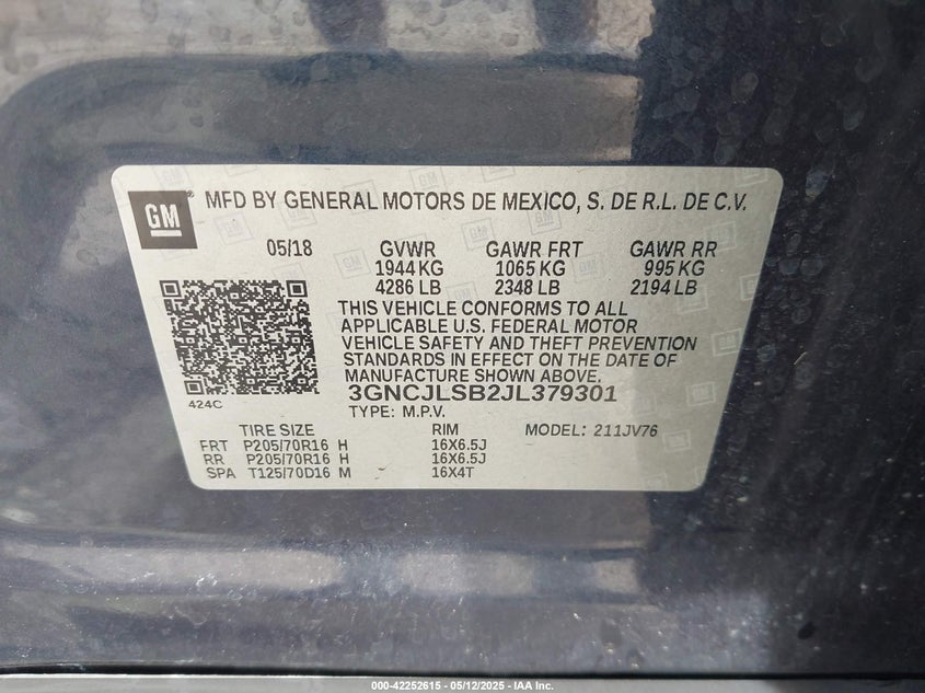 2018 CHEVROLET TRAX LT - 3GNCJLSB2JL379301