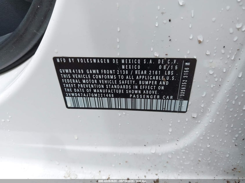 2016 VOLKSWAGEN JETTA VIN: 3VWD67AJ7GM221468