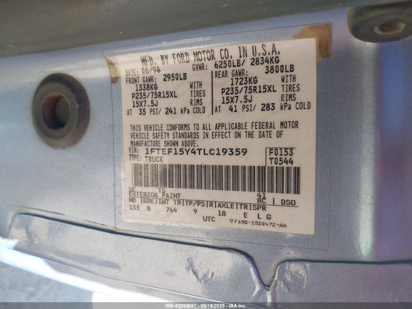 1996 Ford F150 VIN: 1FTEF15Y4TLC19359 Lot: 42252657