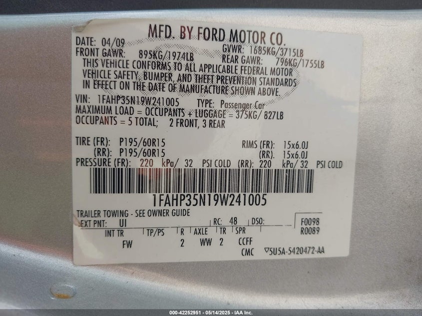 2009 FORD FOCUS VIN: 1FAHP35N19W241005