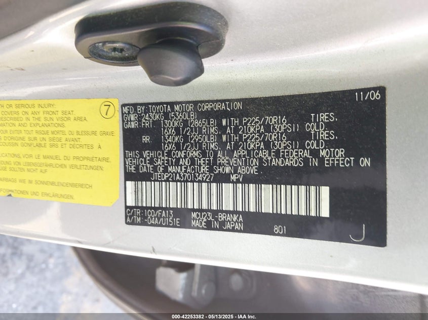 2007 TOYOTA HIGHLANDER VIN: JTEDP21A370134927