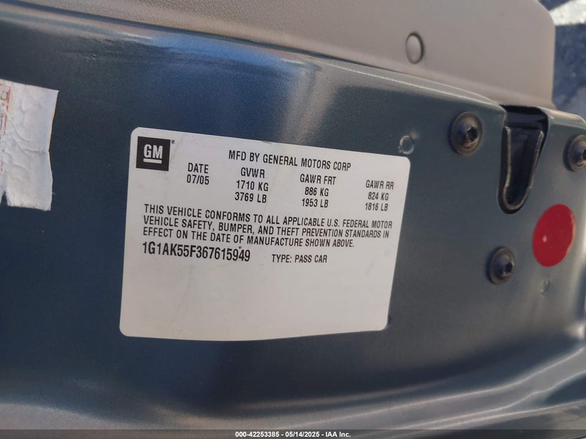 2006 CHEVROLET COBALT VIN: 1G1AK55F367615949