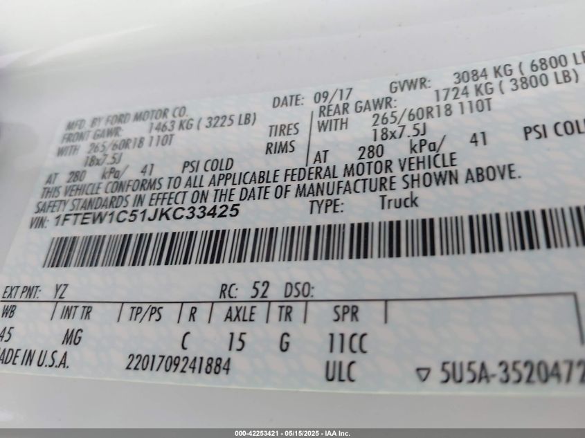 2018 Ford F-150 Xlt VIN: 1FTEW1C51JKC33425 Lot: 43448844