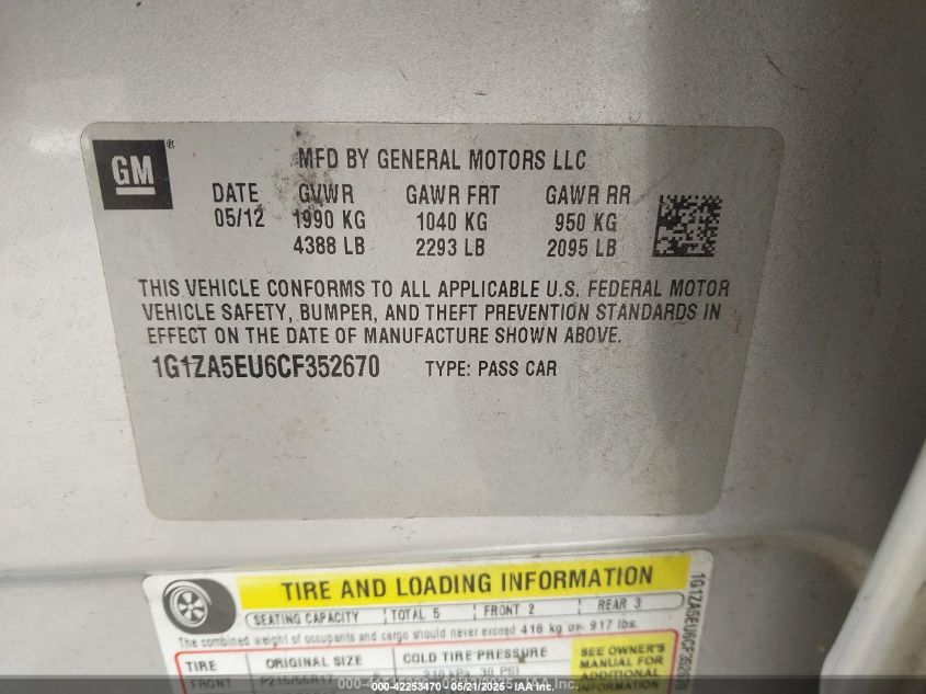 2012 Chevrolet Malibu Ls VIN: 1G1ZA5EU6CF352670 Lot: 42253470