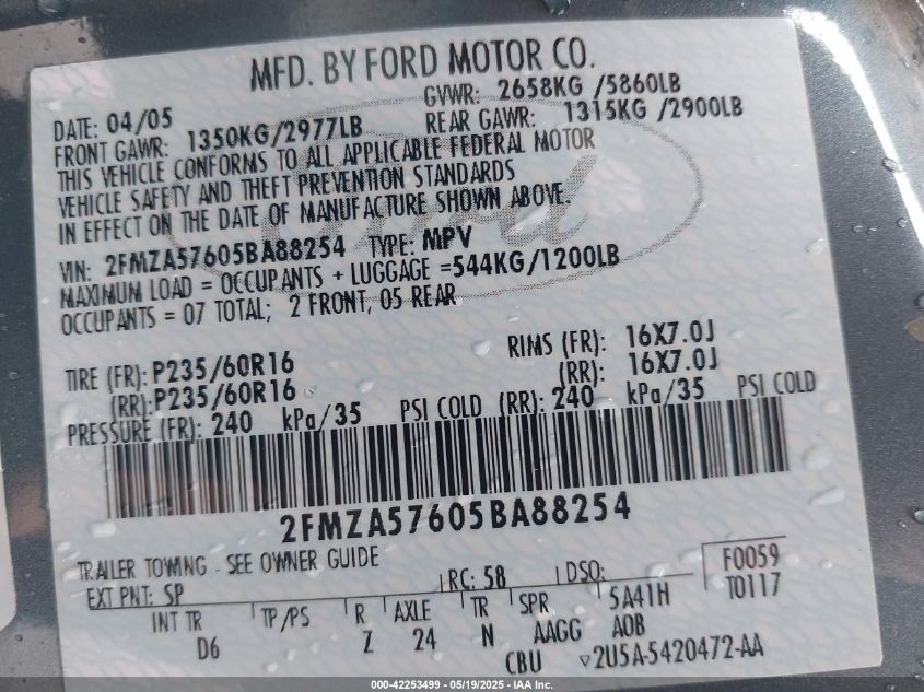 2005 Ford Freestar Ses VIN: 2FMZA57605BA88254 Lot: 42253499