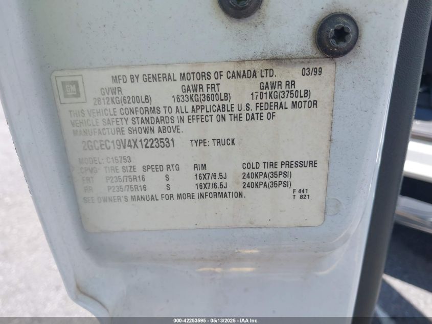 1999 Chevrolet Silverado 1500 Ls VIN: 2GCEC19V4X1223531 Lot: 42253595