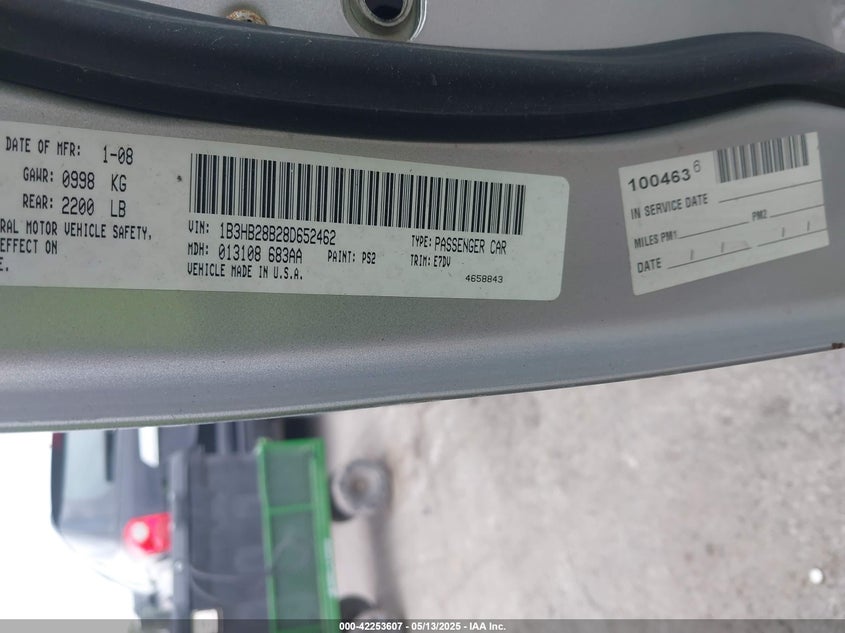 2008 DODGE CALIBER VIN: 1B3HB28B28D652462
