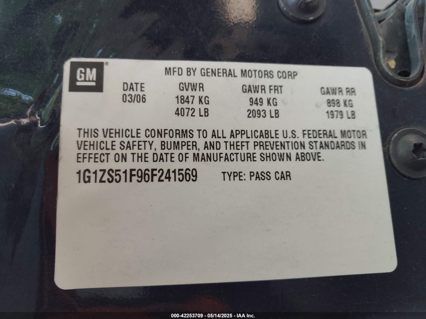 2006 CHEVROLET MALIBU VIN: 1G1ZS51F96F241569