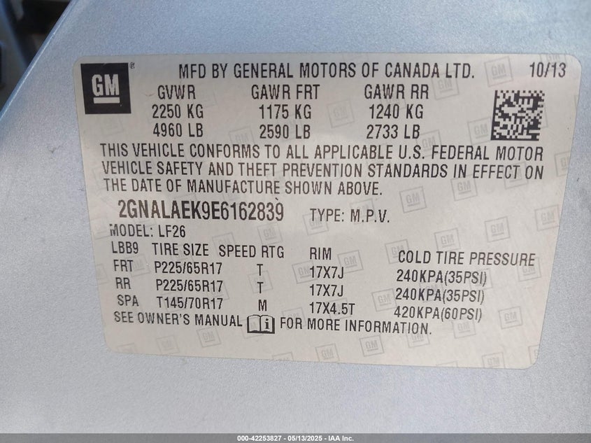2014 CHEVROLET EQUINOX VIN: 2GNALAEK9E6162839