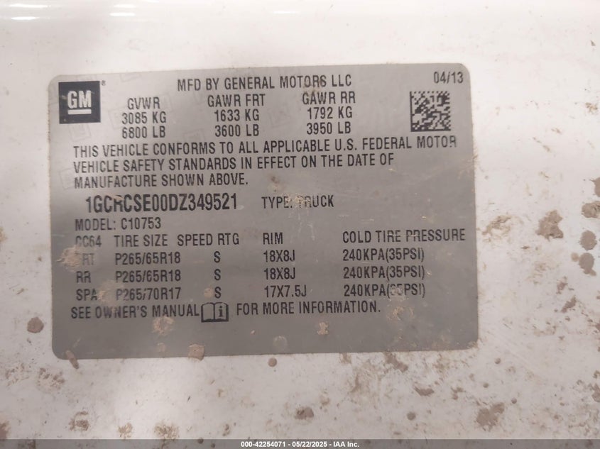 2013 CHEVROLET SILVERADO 1500 VIN: 1GCRCSE00DZ349521