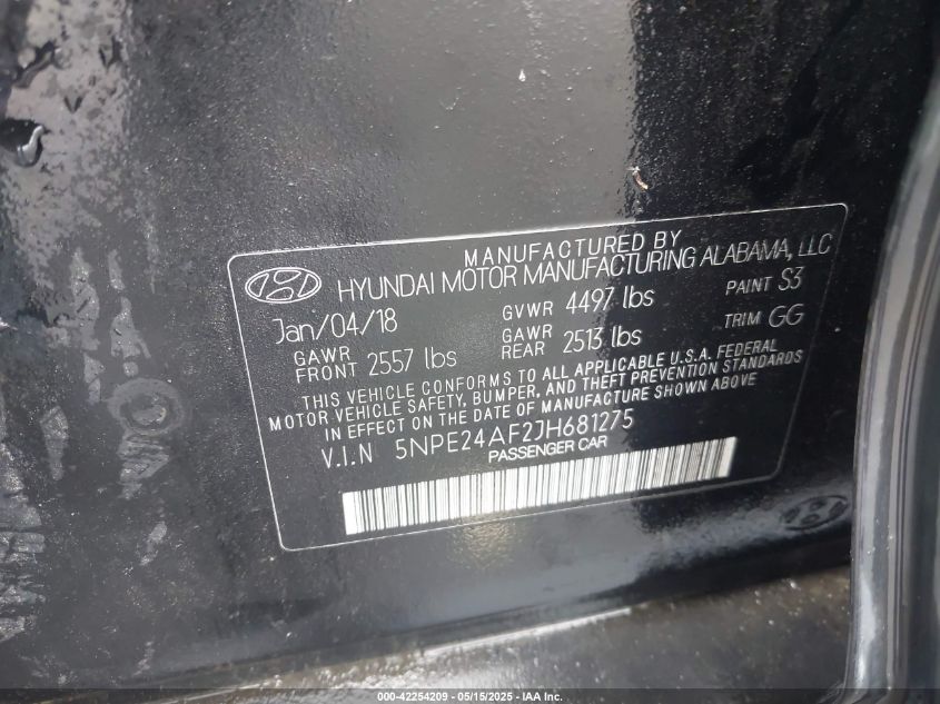 2018 Hyundai Sonata Se VIN: 5NPE24AF2JH681275 Lot: 42254209
