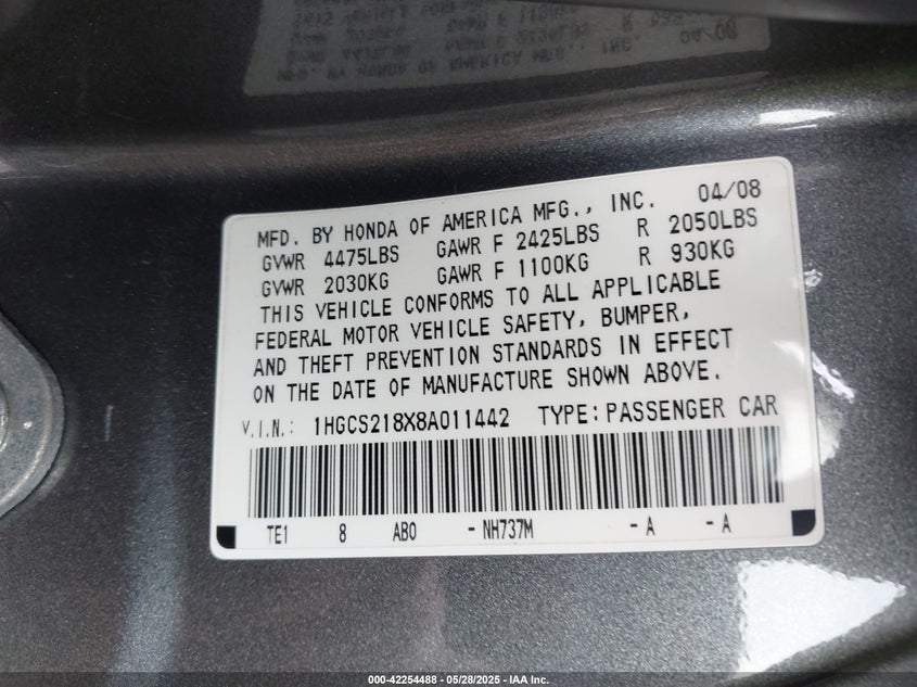 2008 HONDA ACCORD VIN: 1HGCS218X8A011442