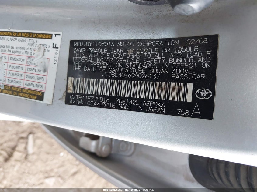 2009 TOYOTA COROLLA VIN: JTDBL40E699028137