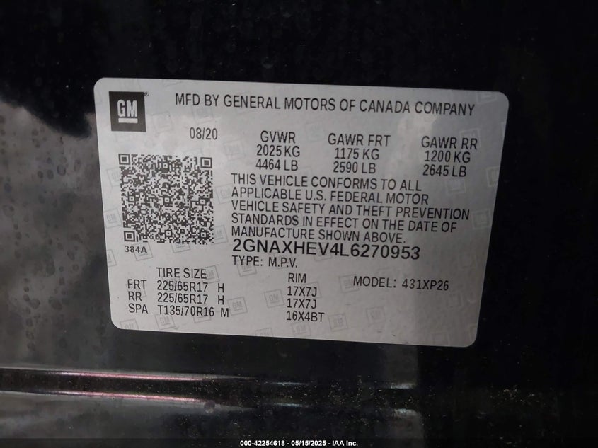 2020 CHEVROLET EQUINOX VIN: 2GNAXHEV4L6270953