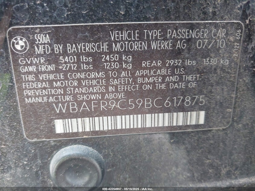 2011 BMW 550I VIN: WBAFR9C59BC617875