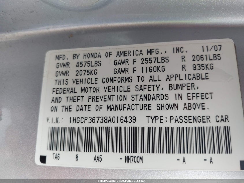 2008 HONDA ACCORD VIN: 1HGCP36738A016439