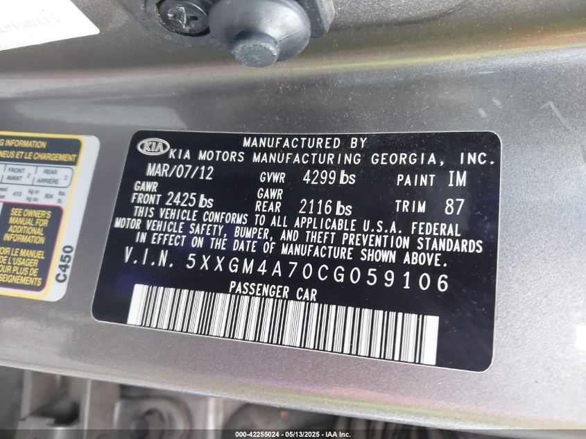 2012 Kia Optima Lx VIN: 5XXGM4A70CG059106 Lot: 42255024