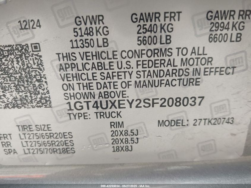 2025 GMC Sierra 2500Hd 4Wd Standard Bed Denali Ultimate VIN: 1GT4UXEY2SF208037 Lot: 42255034