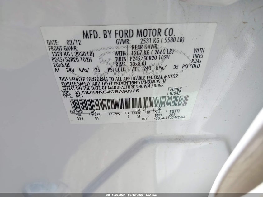 2012 FORD EDGE VIN: 2FMDK4KC4CBA90925