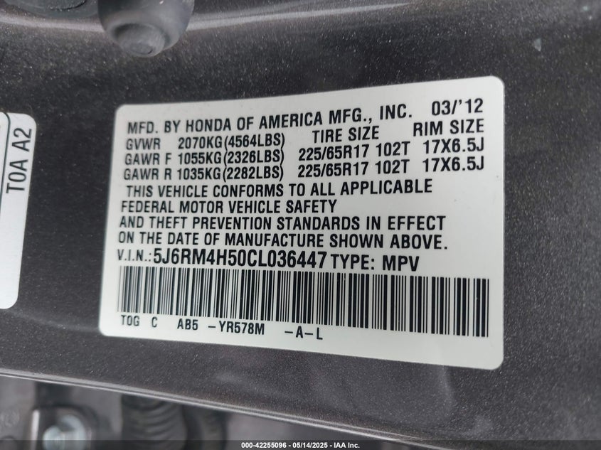 2012 HONDA CR-V VIN: 5J6RM4H50CL036447