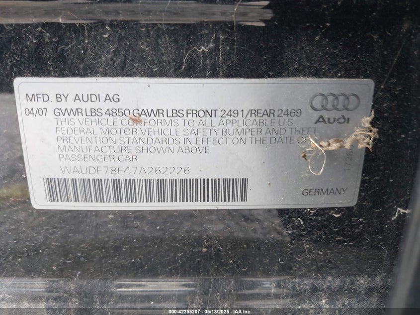 2007 AUDI A4 VIN: WAUDF78E47A262226