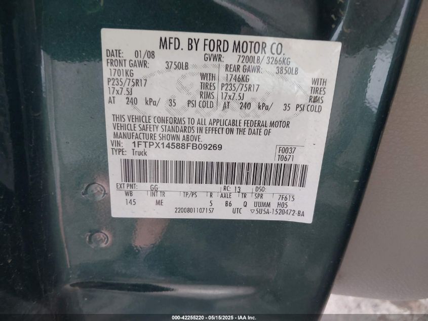 2008 Ford F-150 Fx4/Lariat/Xl/Xlt VIN: 1FTPX14588FB09269 Lot: 42255220