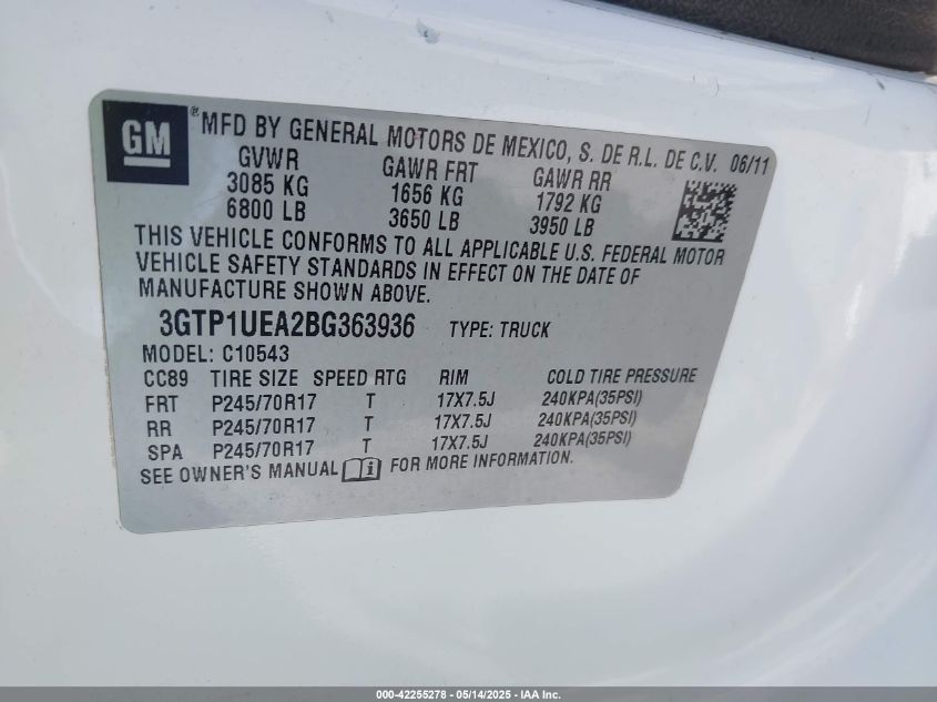 2011 GMC Sierra 150 VIN: EGTP1UE80BG363936 Lot: 42255278