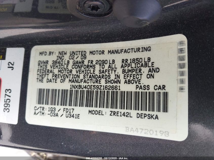 2009 Toyota Corolla S VIN: 1NXBU40E59Z162661 Lot: 42255299