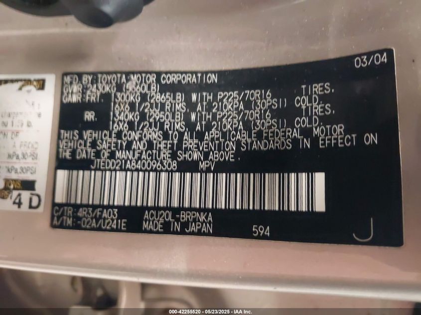 2004 Toyota Highlander VIN: JTEDD21A840096308 Lot: 42255520