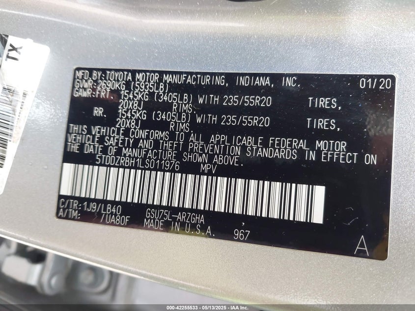 2020 TOYOTA HIGHLANDER VIN: 5TDDZRBH1LS011976