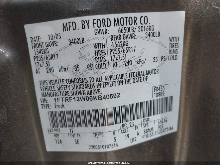 2006 FORD F-150 VIN: 1FTRF12W06KB40592