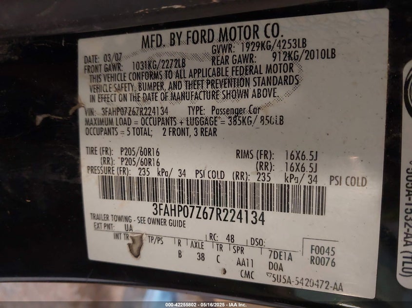 2007 FORD FUSION VIN: 3FAHP07Z67R224134