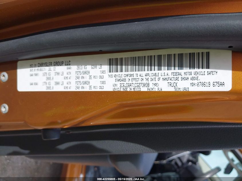 2012 Ram 1500 St VIN: 3C6JD6AT1CG273038 Lot: 43376750