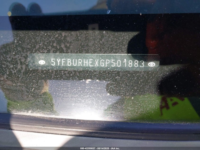 2016 TOYOTA COROLLA VIN: 5YFBURHEXGP501883