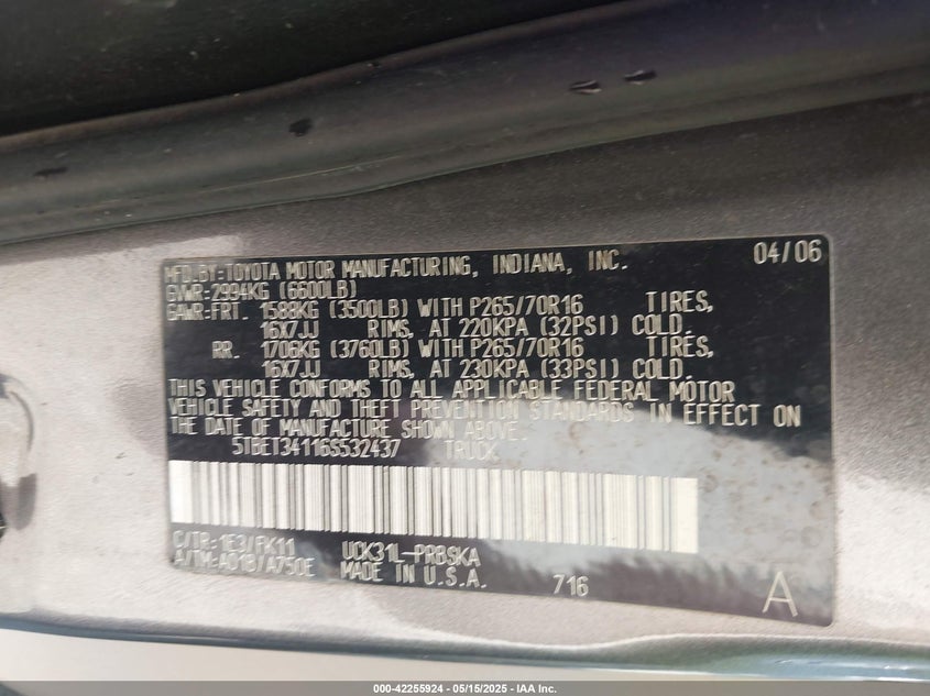 2006 TOYOTA TUNDRA VIN: 5TBET34116S532437