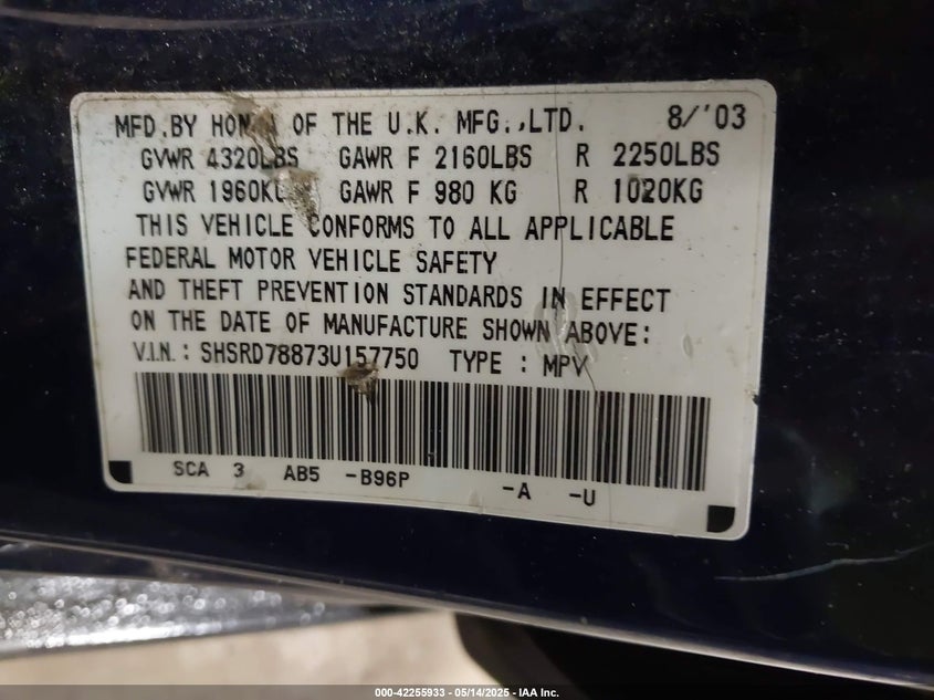 2003 Honda Cr-V Ex VIN: SHSRD78873U157750 Lot: 42255933