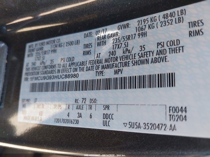2017 FORD ESCAPE VIN: 1FMCU9G93HUC88980
