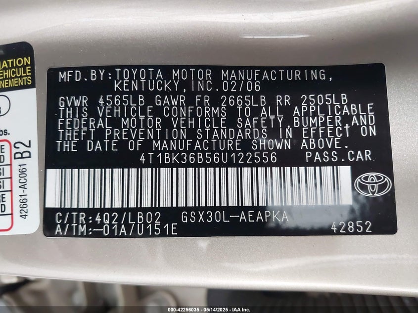2006 TOYOTA AVALON VIN: 4T1BK36B56U122556
