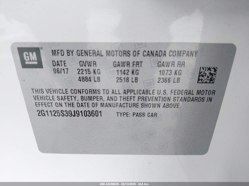 2018 CHEVROLET IMPALA VIN: 2G1125S39J9103601