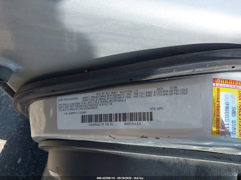 2007 SUBARU OUTBACK VIN: 4S4BP61C777305881