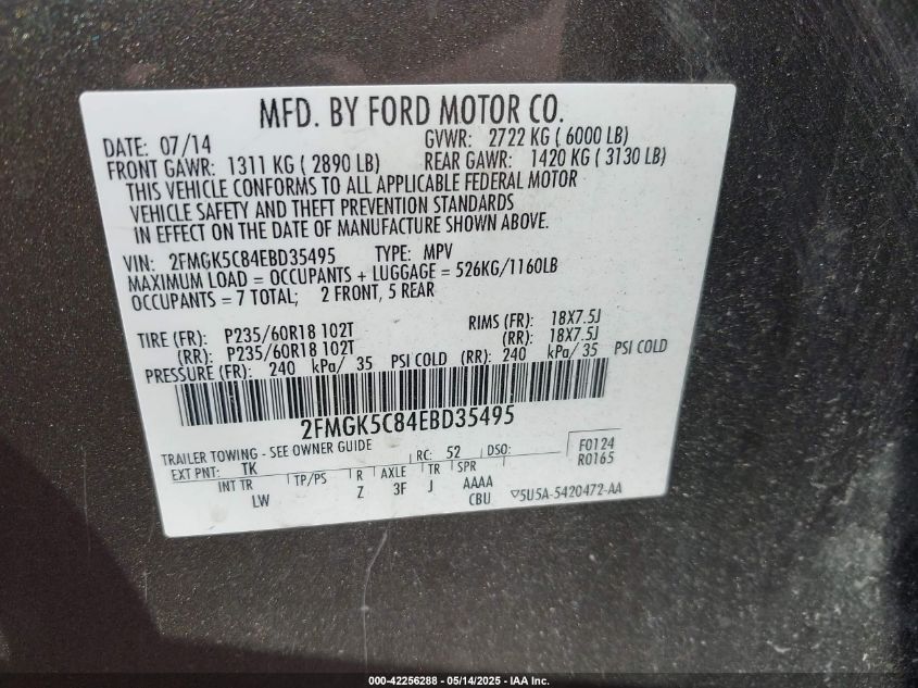 2014 Ford Flex Sel VIN: 2FMGK5C84EBD35495 Lot: 42256288