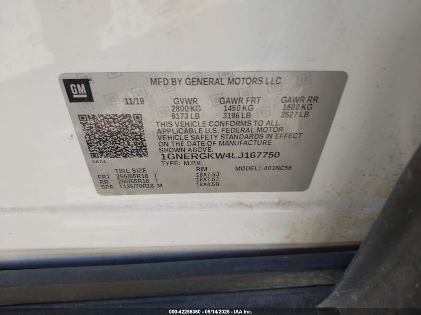 2020 Chevrolet Traverse Fwd Lt Cloth VIN: 1GNERGKW4LJ167750 Lot: 42256360