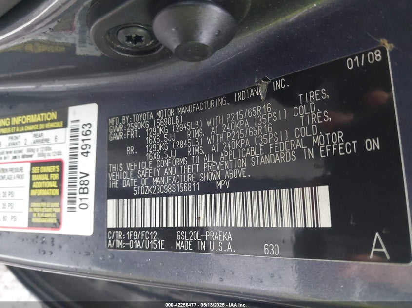 2008 TOYOTA SIENNA VIN: 5TDZK23C98S156811