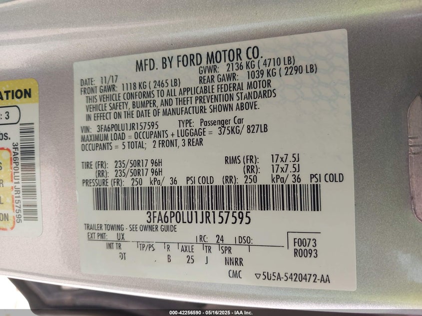 VIN 3FA6P0LU1JR157595 2018 FORD FUSION HYBRID SE